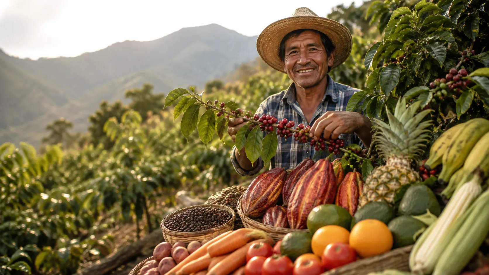 Agricultor peruano con abundante cosecha de frutas y verduras cultivadas con abonos Luyasa